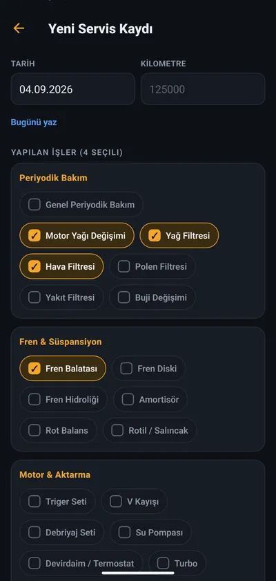 Serviste yapılan işlerin seçildiği kayıt ekranı